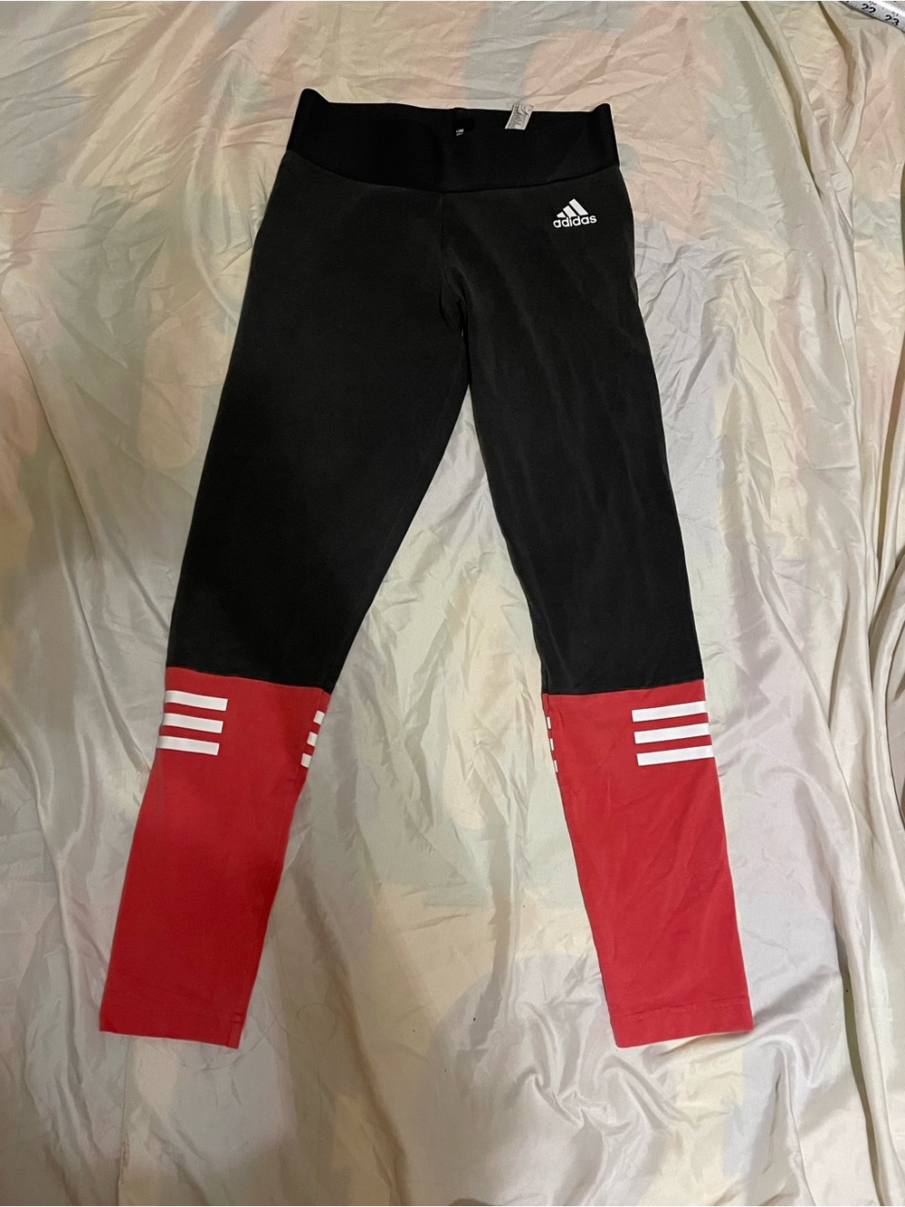 adidas Dark Gray and Red Women's Athletic Leggings with White Stripes